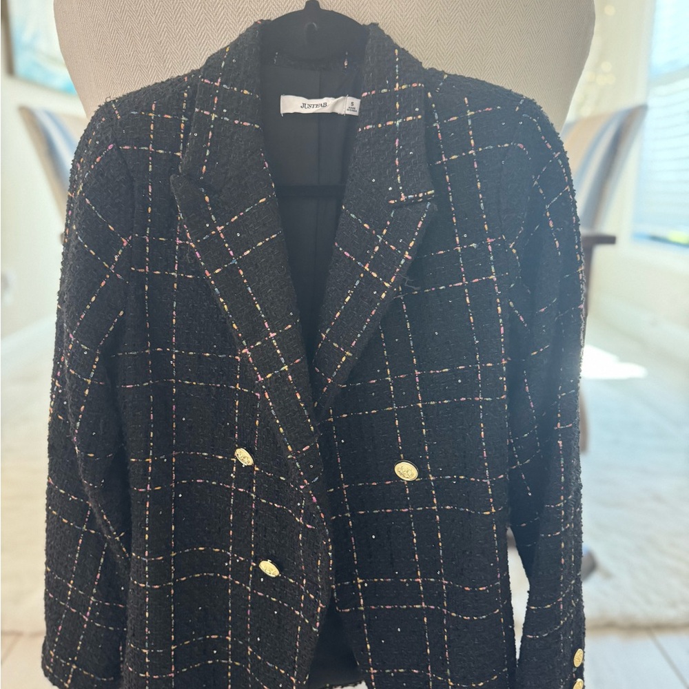 JustFab Black Tweed Double-Breasted Blazer with Subtle Multicolor Windowpane